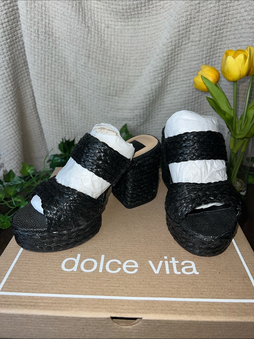 Dolce Vita Black Woven Platform Block Heel Mules